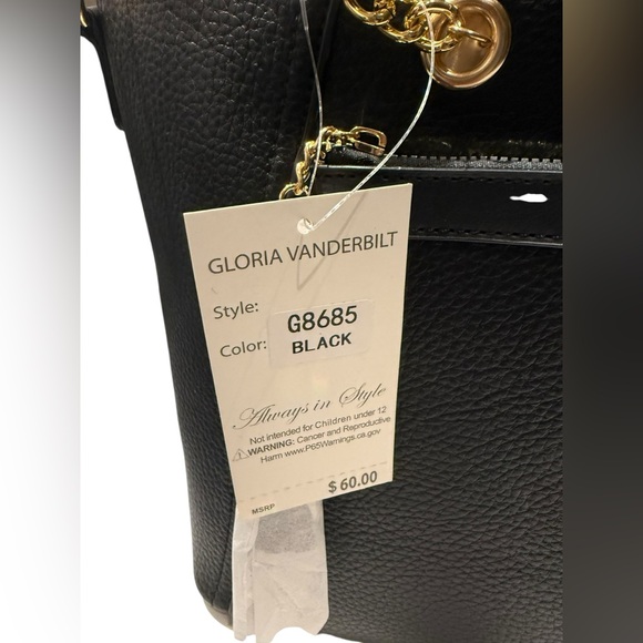 New-Gloria Vanderbilt Black Pebbled Shoulder Tote with Gold Chain Straps - Picture 3 of 6
